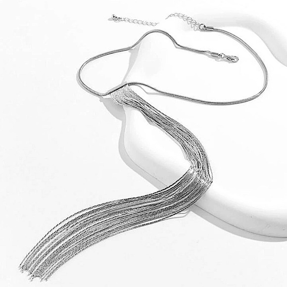 Sterling Silver Tassel Fringe Long Statement Necklace - Picture 3 of 6